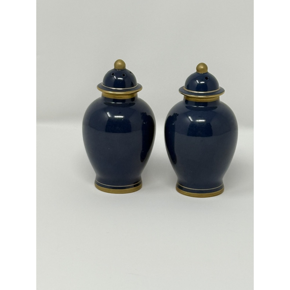 Fitz And Floyd Renaissance Salt & Pepper Shaker Set Pavilion Blue w/Gold Trm